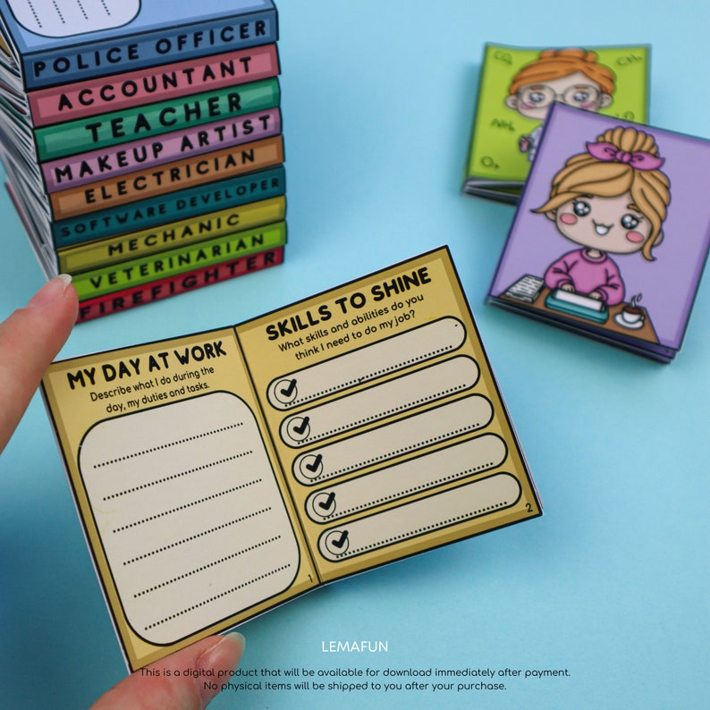 Puede incluir: Un folleto de actividades imprimible para que los ni&ntilde;os aprendan sobre diferentes trabajos. El folleto incluye una secci&oacute;n para que los ni&ntilde;os describan su d&iacute;a de trabajo y enumeren las habilidades necesarias para el trabajo. El folleto tiene un esquema de color amarillo y naranja con marcas de verificaci&oacute;n y l&iacute;neas para escribir.