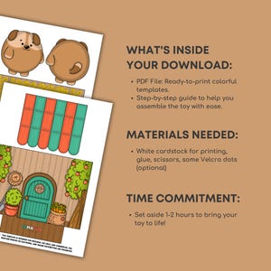 Puede incluir: Plantilla PDF imprimible para un juguete de papel de casa para perros. La plantilla incluye una casa para perros, un perro y un &aacute;rbol con manzanas. El texto "WHAT'S INSIDE YOUR DOWNLOAD:" y "MATERIALS NEEDED:" es visible en la p&aacute;gina.