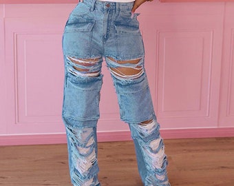 Retro ripped straight-leg jeans