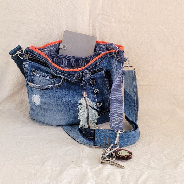 Einzigartige Jeans-Umhängetasche, Upcycling-Denim, Jeans-Geldbörse, mit Taschen und Futter, Messenger-Tasche