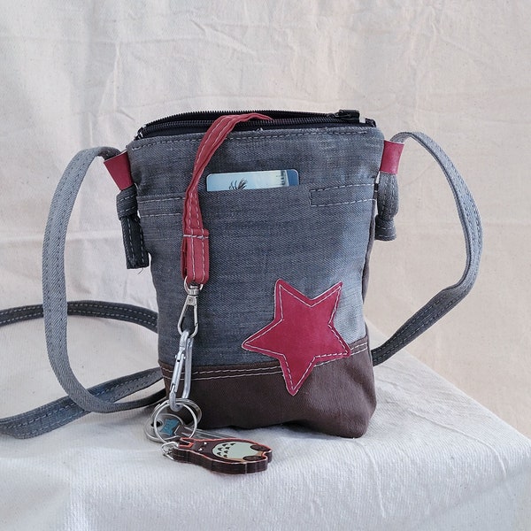 upcycled denim phone bag, cross body bag, shoulder bag with zipper, passport phone holder ,cross body purse