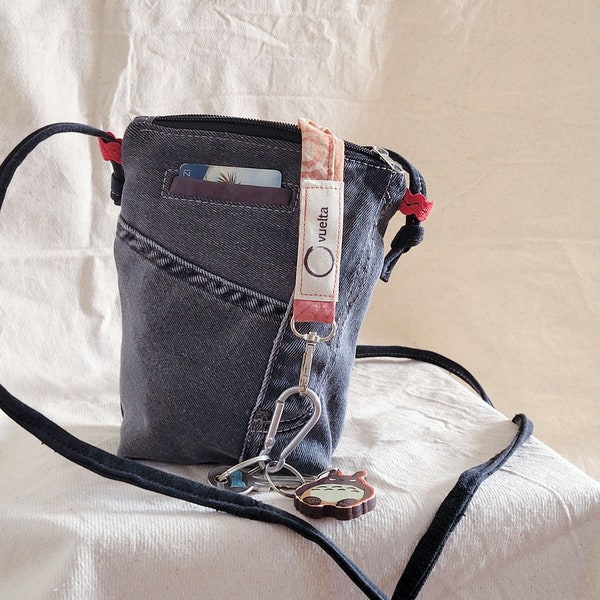 upcycled denim phone bag, cross body bag, shoulder bag with zipper, passport phone holder ,cross body purse