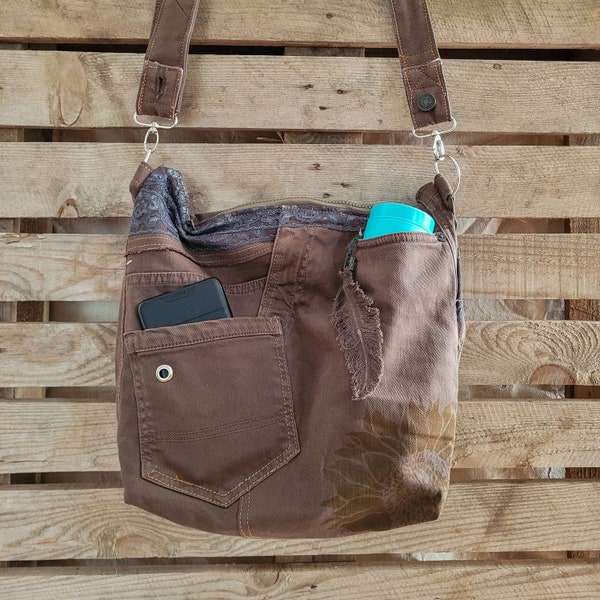 Unique jean bag, up-cycled jean purse, with pockets and lining, up-cycled jean messenger bag, cross body bag