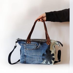 Cartera vaquera reciclada, bolso de mano para mujer, bolso de hombro tipo tote, cartera vaquera con asa superior, bolso bandolera reutilizado, con bolsillos y forro