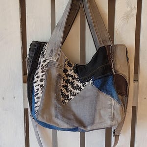 Cartera vaquera reciclada, bolso de mano para mujer, bolso de hombro tipo tote, cartera vaquera con asa superior, bolso bandolera reutilizado, con bolsillos y forro