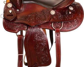 Kids Western Saddle, Hand Tooled Cowhide Leather, Adjustable Stirrups