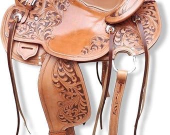 Kids Leather Horse Saddle: Handcrafted Western Floral Tooling
