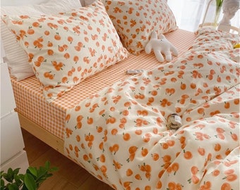 Oranje 100% katoenen dekbedovertrekset, Twin Full Queen King dekbedovertrek, Cottagecore Decor, Fall Bedding Decor, Esthetisch beddengoed, Slaapzaalbeddengoed