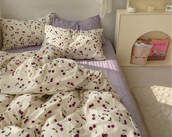 Cherry Purple 100% Cotton Duvet Cover Set, Twin Full Queen King Duvet Cover, Cottagecore Decor, Cute Girlish Dorm Bedding, Aesthetic Bedding