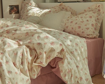French Retro Pink Floral 100% Cotton Duvet Cover Set, Princess Ruffle Bedding, Cottagecore Decor, Twin Full Queen King Duvet Cover, Gift