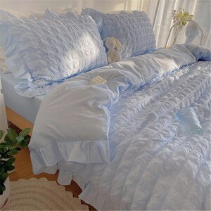 Blue Seersucker Ruffled 100% Cotton Duvet Cover Set, Princess Ruffle bedding Set, Twin Full Queen King Duvet Cover Set, Cute Girlish Bedding