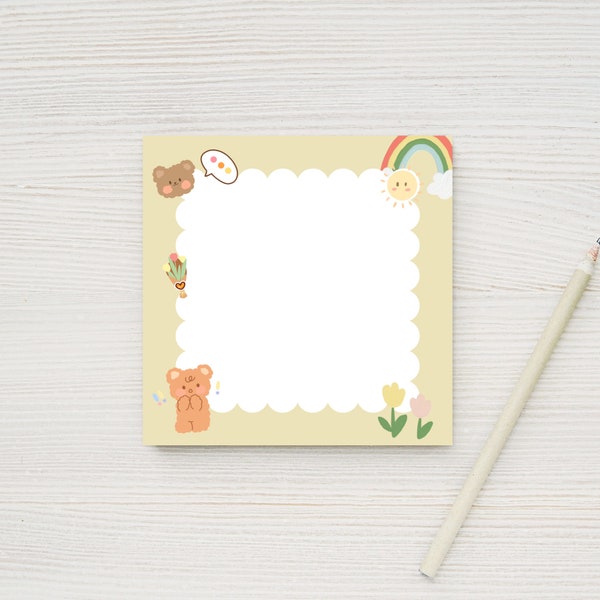 Commercial and Personal Use Notepad Kawaii Tulips and Bear for Personalization, Printable Memo Pad, Instant Download Sticky Note Template