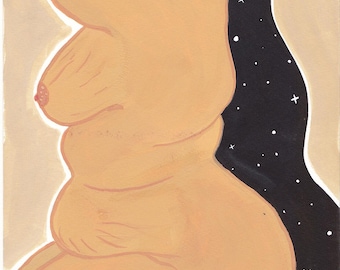 May include: An abstract painting of a nude torso in shades of beige and tan, set against a black background dotted with white stars. The artwork features soft curves and a minimalist style.