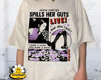 Olivia Rodrigo derrama su camisa Guts, camisa Olivia Rodrigo Guts Tour, merchandising The Guts World Tour 2024, camisa Bad Idea Right