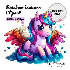 Unicorn, Cute Rainbow Unicorn Clipart, Pegasus Unicorn PNG Instant Download Transparency, Unicorn with Wings, Cute Girls Unicorn PNG Clipart