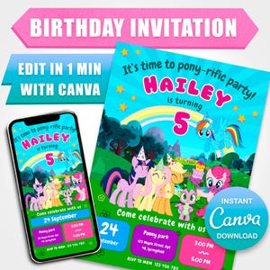 My Little Pony Verjaardagsuitnodiging, bewerkbare Rainbow Unicorn Pony uitnodiging Canva sjabloon, Cartoon Pink Party Uitnodiging, Meisjesfeest