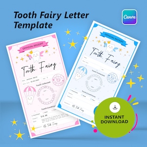 Reçu de fée des dents, première dent perdue, lettre de fée des dents, modèle Canva modifiable, lettre de fée des dents pour enfants, dent perdue