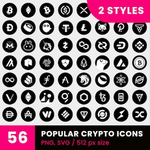 Può includere: Un set di 56 icone di criptovalute in bianco e nero in due stili. Le icone sono disposte in una griglia e presentano criptovalute popolari come Bitcoin, Ethereum e Litecoin. Il testo "2 STYLES" e "POPULAR CRYPTO ICONS" è visualizzato nella parte superiore e inferiore dell'immagine, rispettivamente. Il testo "PNG, SVG / 512 px size" è visualizzato sotto il testo "POPULAR CRYPTO ICONS".
