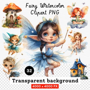 Coleção de clipart de jardim de fadas em aquarela PNG: 32, ilustrações mágicas de fadas encantadoras, decoração de conto de fadas de cogumelos, álbum de recortes, diário de lixo