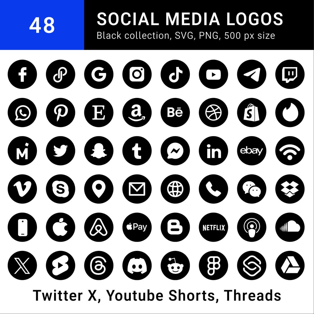 Black Social Media Icons, Twitter X, Threads, Youtube Shorts, Icon