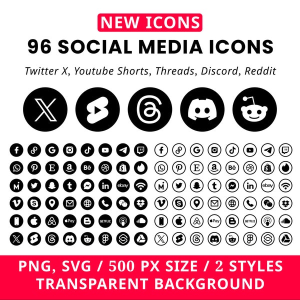 Black Social Media Icons, Twitter X, Threads, Youtube Shorts, Icon Bundle SVG PNG, Website icons, new 2024 Twitter X, Social Network Logos