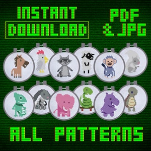 May include: A set of 12 cross stitch patterns featuring various animals, including a horse, chicken, raccoon, sheep, monkey, squirrel, lizard, rabbit, elephant, snake, hippopotamus, and turtle. The patterns are displayed in circular embroidery hoops and are available as instant downloads in PDF and JPG formats.  "INSTANT DOWNLOAD" and "PDF & JPG" are written in green text at the top of the image.  "ALL PATTERNS" is written in green text at the bottom of the image.