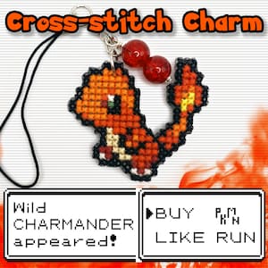 May include: Cross-stitch charm of a Charmander Pokemon character with red beads. The charm is attached to a black string. The text "Wild CHARMANDER appeared!" and "BUY LIKE RUN" is visible in the image.