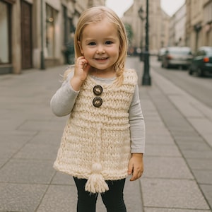 May include: A young child wearing a cream-colored, knitted vest with two large, round buttons and a tassel. The child is also wearing a gray long-sleeved shirt, black leggings, and dark shoes. The background shows a European street scene.