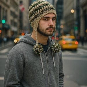 Puede incluir: Un gorro de punto hecho a mano con un patrón verde y beige, orejeras y dos pompones verdes. El gorro se lleva con una sudadera con capucha gris con cremallera. El fondo muestra una calle de la ciudad con taxis amarillos.