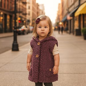 May include: A young child stands on a city sidewalk, wearing a hooded, plum-colored knitted vest with wooden buttons. The child is also wearing gray leggings, white sneakers, and a flower hair clip. The background shows a blurred city street.