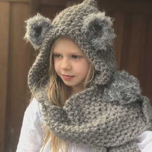 Hooded Scarf Knitting Pattern | Hanna Coala Hoodie Scarf with Pockets and Ears | Easy Super Bulky Knit | Toddler, Child, Adult Sizes
