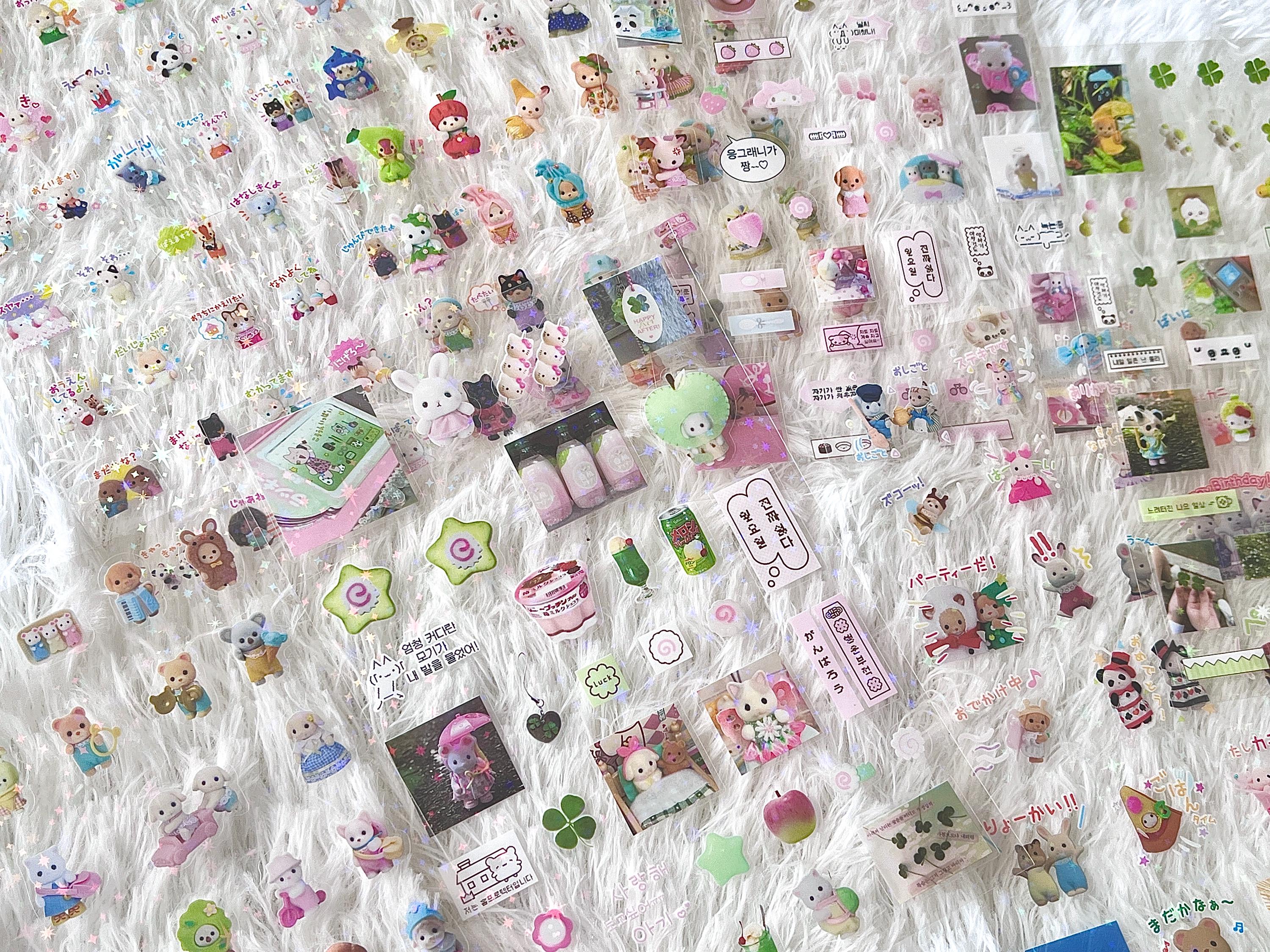 Sparkly Heisei Retro Japanese Y2K Juminocore Sticker Sheet | Toro Calico Kawaii Bear for Planner, Journaling, Scrapbooking, Deco