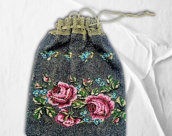 Antique Art Nouveau Micro Seedbead Floral Pouch Purse w/Gold Crocheted Drawstring