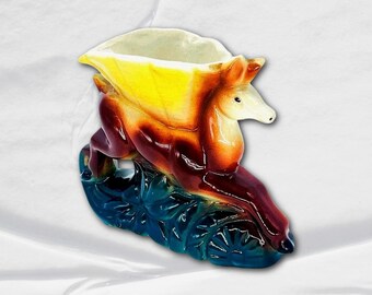 Vtg 50s MCM Vibrant Leaping Deer Bisque Planter Vase