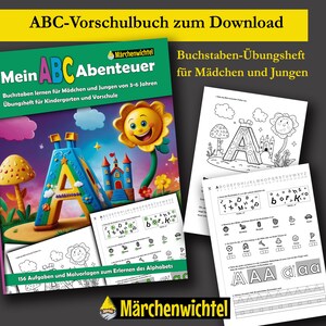 Puede incluir: Un libro de trabajo colorido titulado "Mein ABC Abenteuer" con una flor amarilla sonriente y una gran letra A. El libro es para niños de 3 a 6 años e incluye 156 actividades y páginas para colorear para ayudarlos a aprender el alfabeto. La portada también incluye el texto "Buchstaben lernen für Mädchen und Jungen von 3-6 Jahren" y "Übungsheft für Kindergarten und Vorschule".