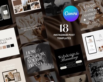 May include: A set of 18 Instagram post templates for branding and web design. The templates feature a minimalist aesthetic with a neutral color palette of black, white, and beige. The text on the templates includes phrases like "How to Grow Your Brand" and "Webdesign & Branding".