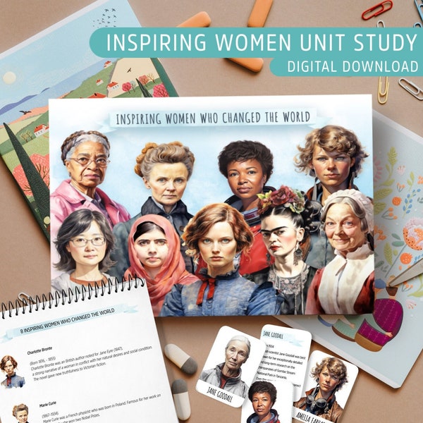 Inspiring Women Printable Study Pack. Gender education flash Cards and poster include Marie Curie, Frida Kahlo, Amelia Earhart, Rosa Parks.