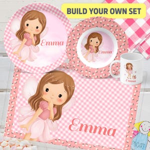Personalized Fairy Kids Dinner Set -  Plate Bowl Mug Placemat Silverware, Custom Name Gift for Toddler Girls or Baby Shower Childrens Dishes