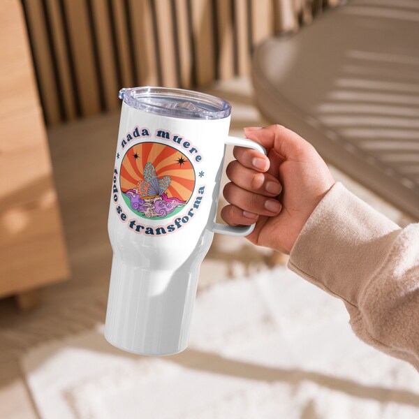 Termo café con asa estilo boho, termo café con asa, termo café mariposa, termo café hippie, termo viaje, travel mug, termo mariposa