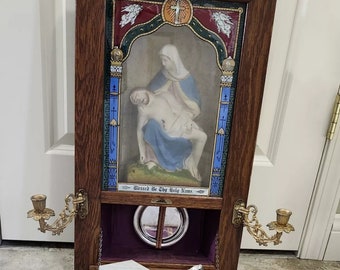 Antique Catholic Sick Call Last Rites Viaticum Box Shadow Box Mary Jesus Pieta 2