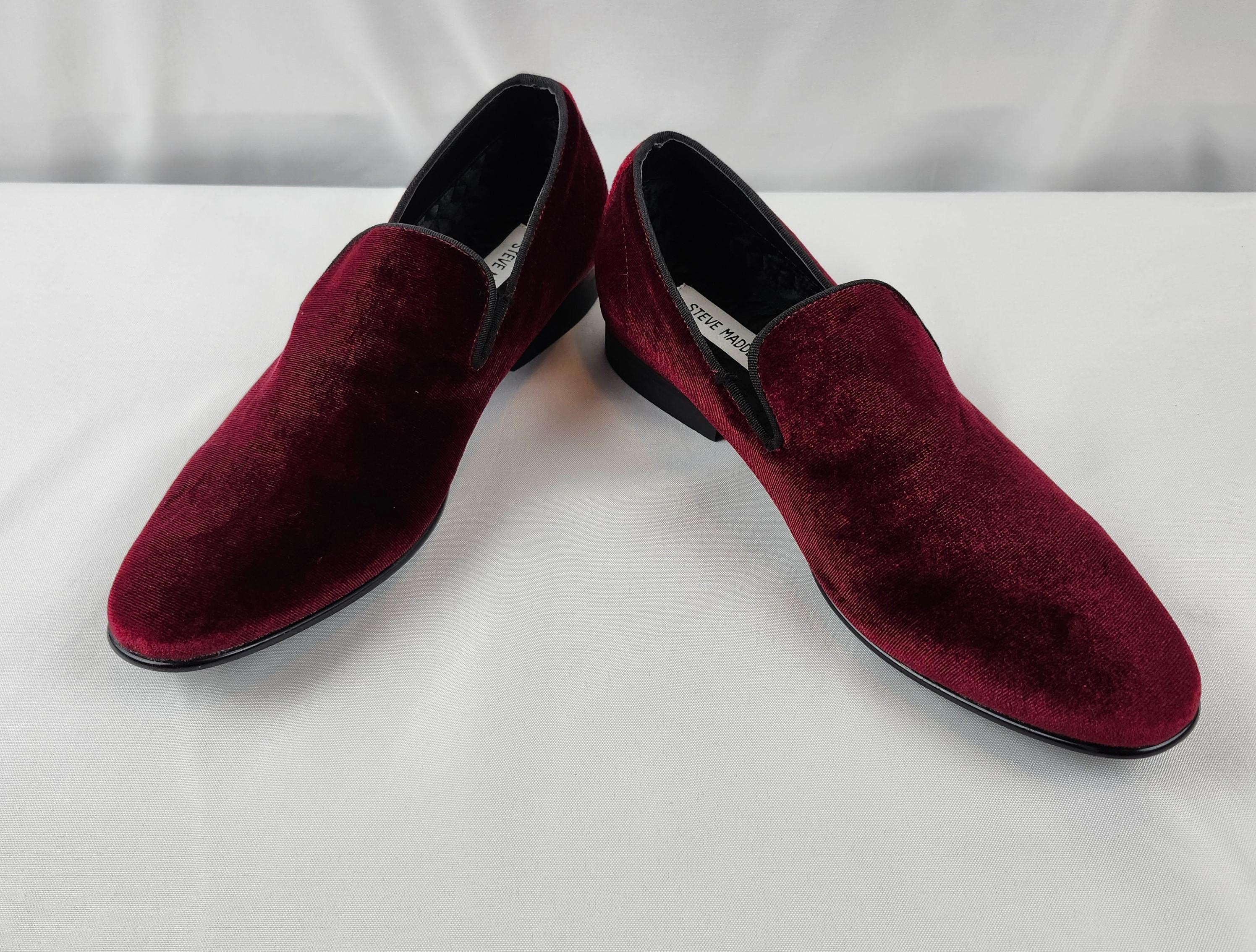 Men's Red Velvet Loafers With Buckle - Wedding Dress Shoes, Red Bottom Slippers (Size 9)
