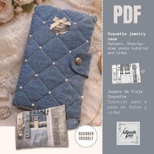May include: A denim-style jewelry case with a quilted pattern, adorned with small pearls and a decorative bow. The case has a button closure and includes the text "PDF" and "Coquette jewelry case". A smaller, open case is also visible.