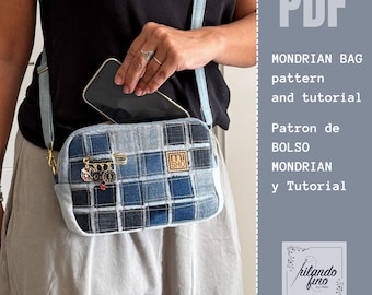 May include: A PDF pattern and tutorial for a denim Mondrian bag. The bag is made of patchwork denim squares in various shades of blue. The bag has a strap and a zipper closure. The pattern is available in both English and Spanish.