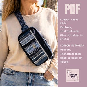 May include: A denim fanny pack with a black base and a silver zipper. The pack features a patchwork design with various shades of blue denim. The strap is also denim with a floral pattern. The image includes the text "PDF London Fanny Pack Pattern, Instructions Step by step in photos."