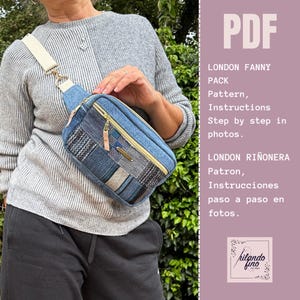May include: A blue denim fanny pack with a patchwork design, gold zip, and cream-coloured strap. The bag is held by a person wearing a grey sweater. Text on the side reads "PDF LONDON FANNY PACK Pattern, Instructions Step by step in photos."