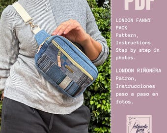 May include: A blue denim fanny pack with a patchwork design, gold zipper, and cream-colored strap. The bag is held by a person wearing a gray sweater. Text on the side reads "PDF LONDON FANNY PACK Pattern, Instructions Step by step in photos."