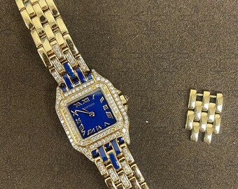 22MM Yellow Gold Blue Dial with Factory Diamonds and Blue Enamel - 18k Solid Gold Watche