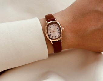 Hellbraune Leder Antik Oval Gehäuse Damen Armbanduhr - Einzigartige Damen Armbanduhr