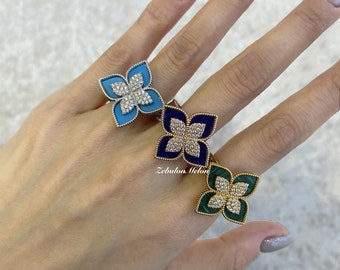 Natural Gemstone Clover Ring, 18k Gold Plated Ring, Princess Flower Ring, Luxury Multicolor Ring, Best Gift, Four Leaf Flower Ring