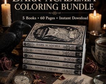 Pack Dark Academia : 5 livres de coloriage | 60 pages PDF imprimables | Bibliothèque gothique : Corbeaux et roses | Téléchargement instantané | Anti-stress pour adultes